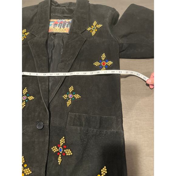 1990's Atlantic Beach Leather Coat Works Black Jacket w Jewel Rhinestones Medium - Picture 5 of 8